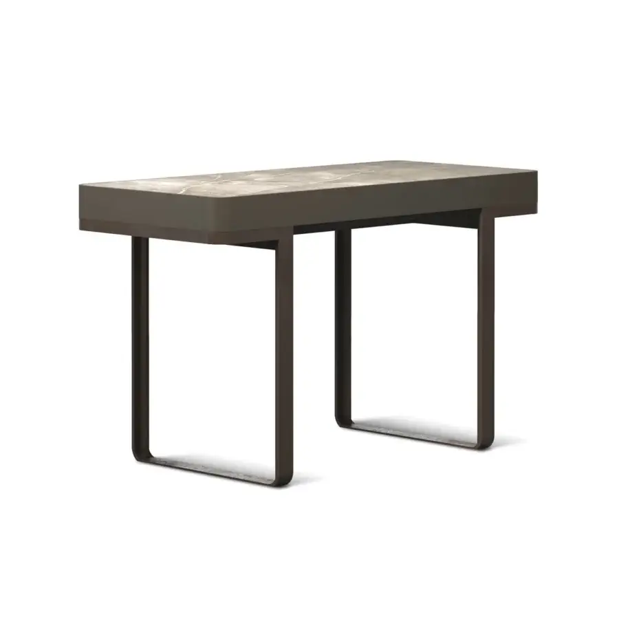 Superior Horm Imperio desk with light beige and gray marbled composite top, dark trim and matte dark brown U-shaped metal legs