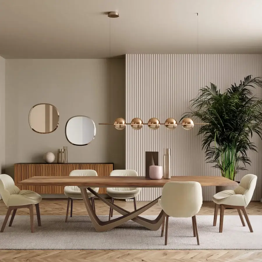 Distinguished Bontempi Bach table with sculptural base and medium brown wood tabletop exhibiting visible grain in matte finish