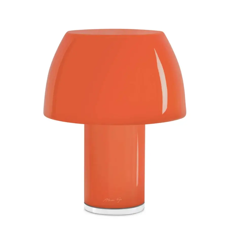 Elegant Nemo Lorosae lamp with translucent glass and glossy orange finish, rechargeable and inspired by East Timor
