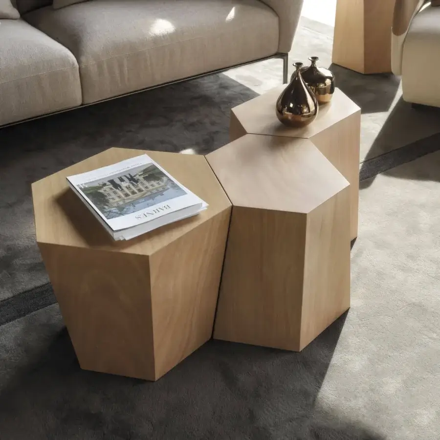 Exceptional Horm Hexagon side table & coffee table with interlocking hexagonal form crafted in light natural okume wood