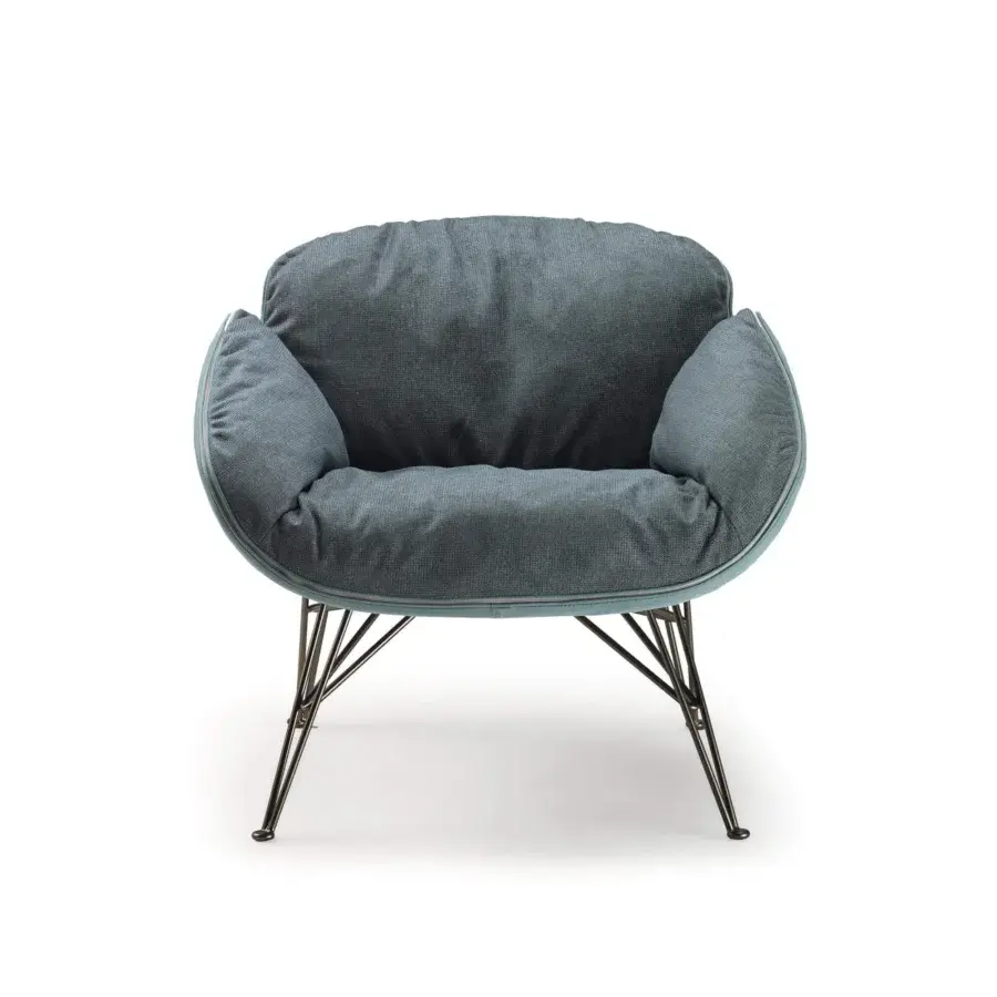 Sophisticated Arketipo Juno lounge chair with blue-gray woven textile, black metal feet and a zip detail joining inner and outer sides