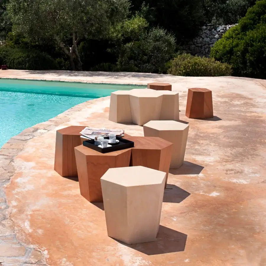 Exceptional Horm Hexagon ottoman crafted from okume wood with smooth finish embodying minimalist angular design