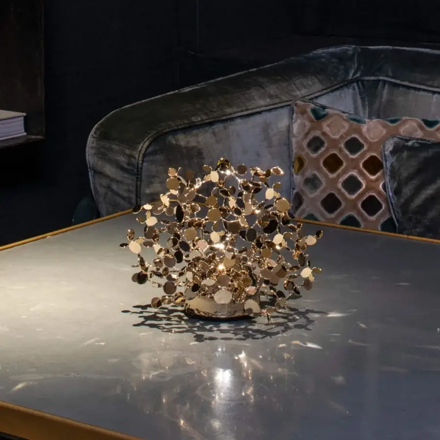 Superior Terzani Argent Mon Bijou lamp handmade in Italy with a gold tree-like silhouette and reflective stainless steel discs