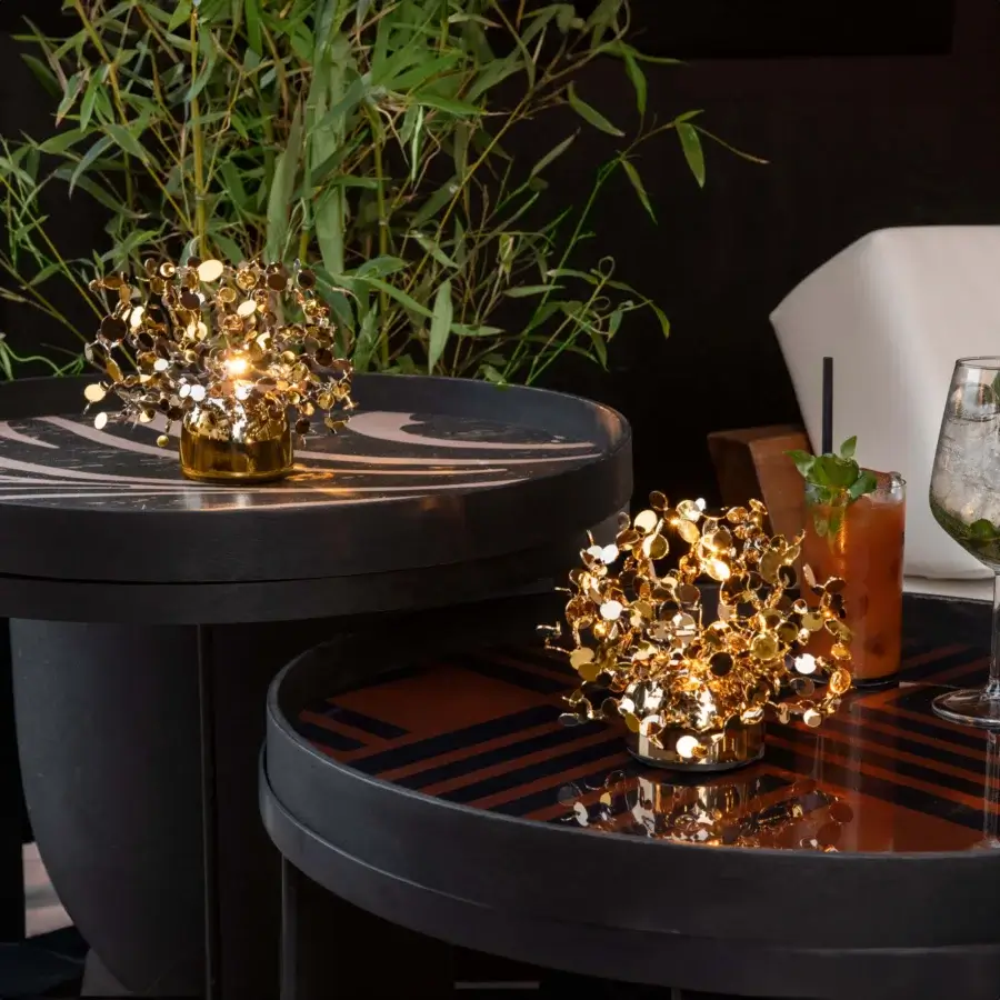 Lavish Terzani Argent Mon Bijou lamp handmade in Italy with stainless steel and gold finish evoking radiating reflective elements