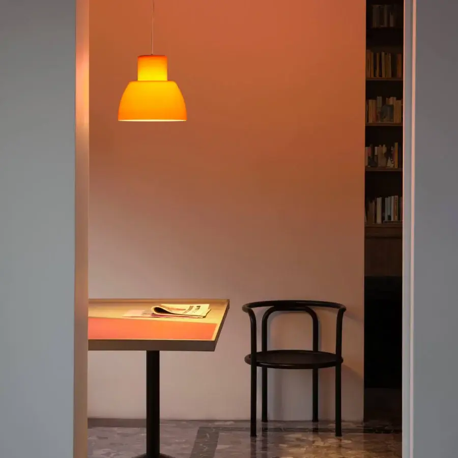Superior Nemo Lighting Lorosae suspension lamp in translucent orange glass with a smooth Italian finish