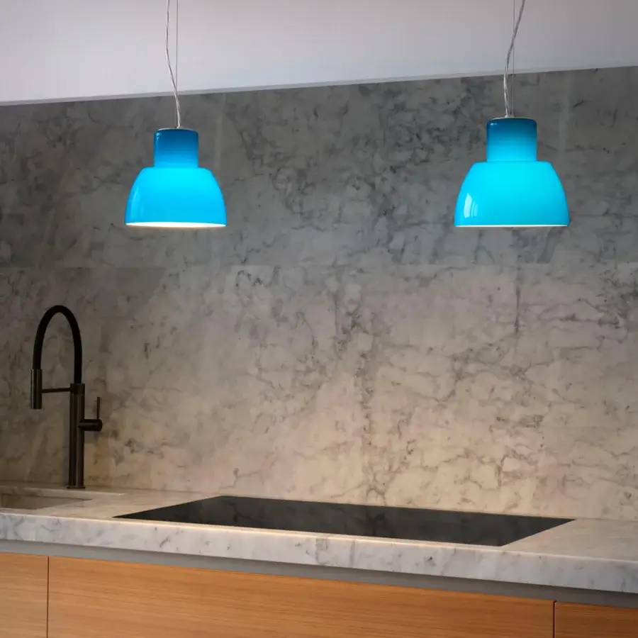Distinguished Nemo Lighting Lorosae suspension lamp crafted in translucent glass with a glossy blue finish and white inner diffuser