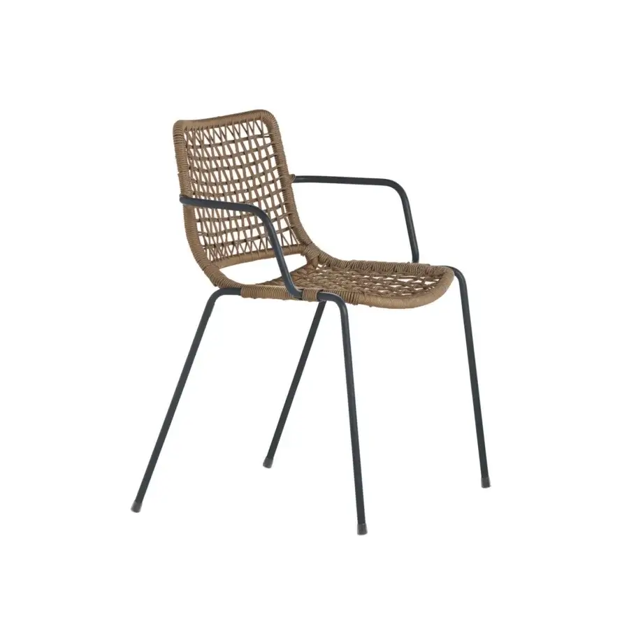 Elegant Potocco Egao armchair with medium brown hand-woven synthetic rope and dark metal frame