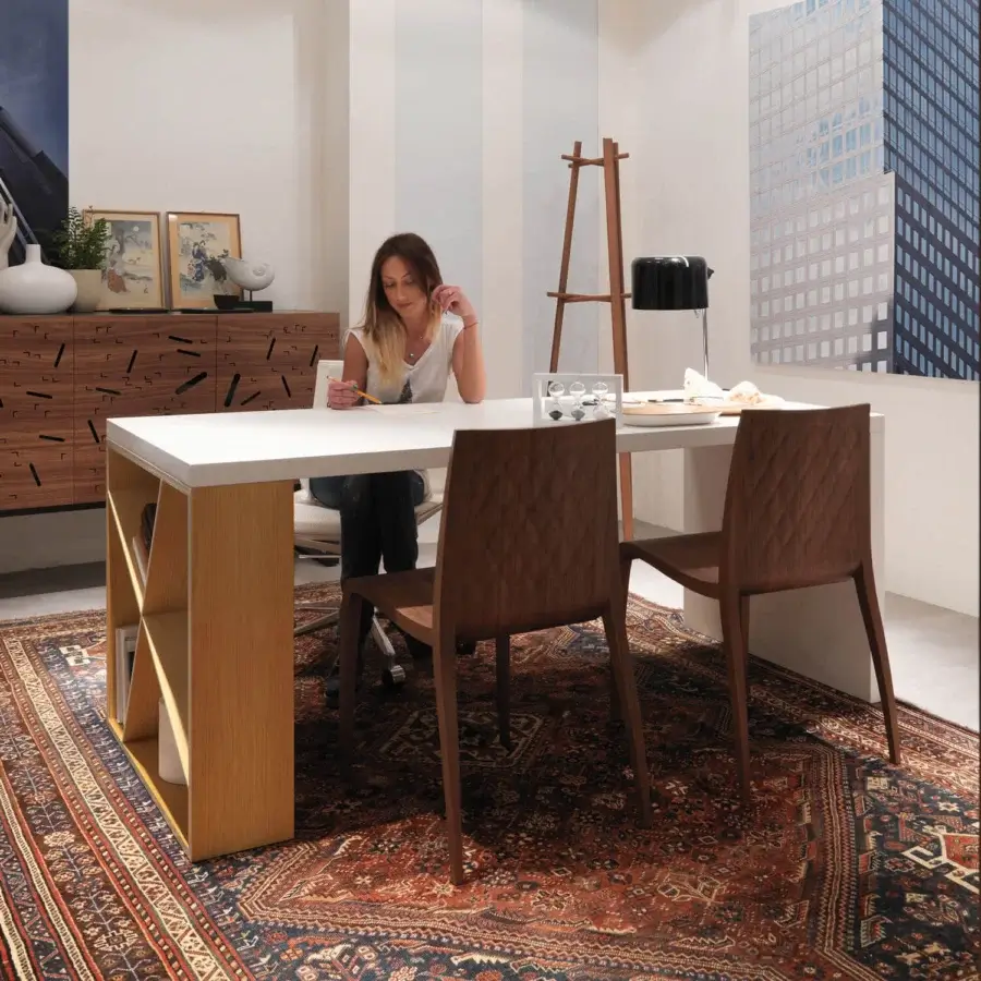Superior Horm J-Table desk with white laminate veneered MDF top and light brown solid wood bookcase leg in matte finish