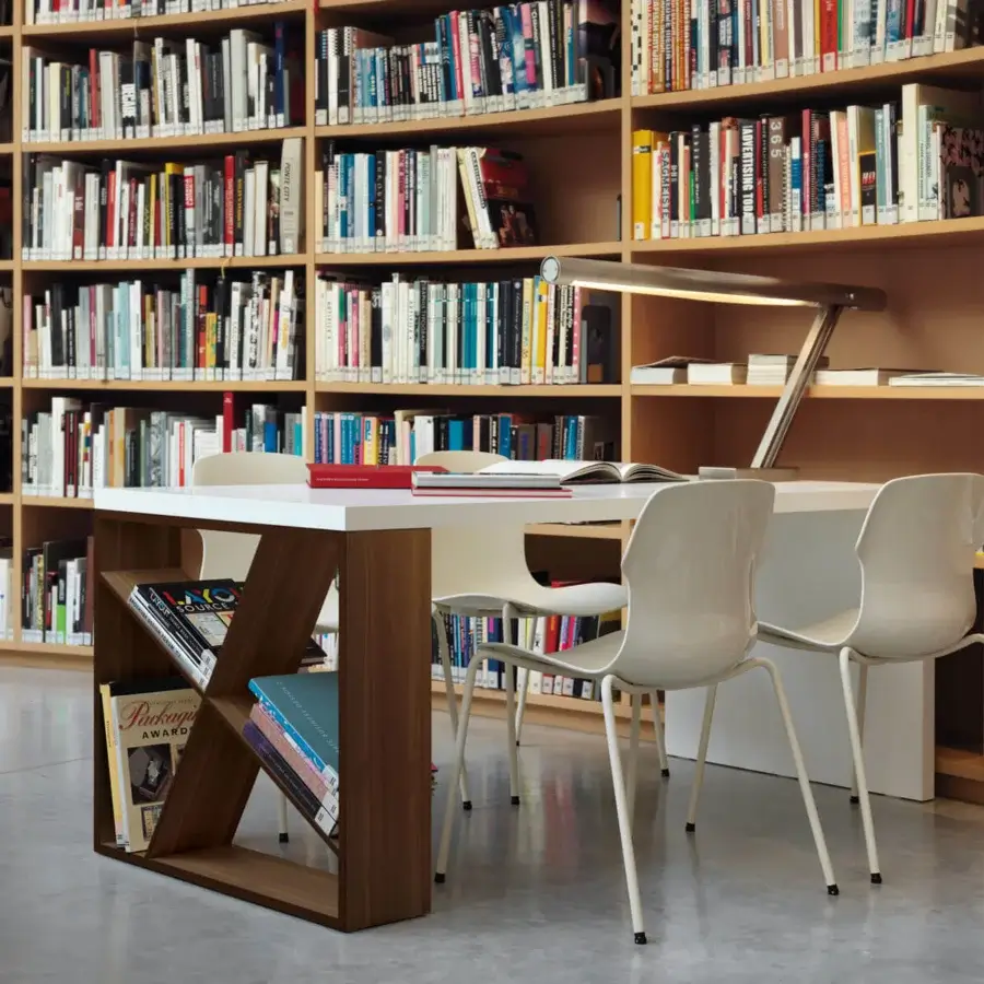 Distinguished Horm J-Table desk with white laminate veneered MDF top and solid wood bookcase built in Italy