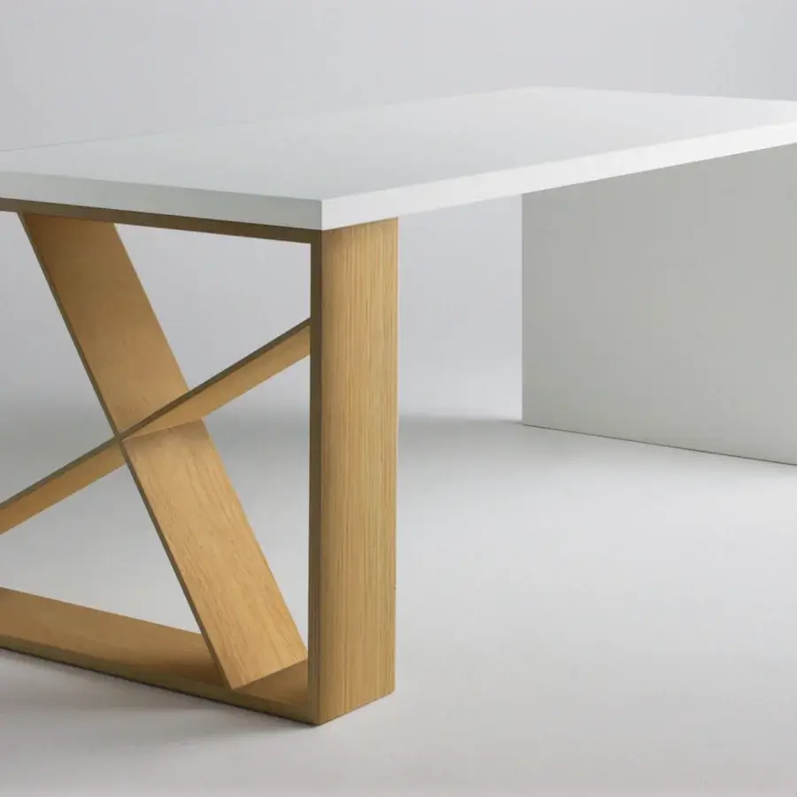 Distinctive Horm J-Table desk with white laminate veneered MDF tabletop and a solid wood bookcase leg