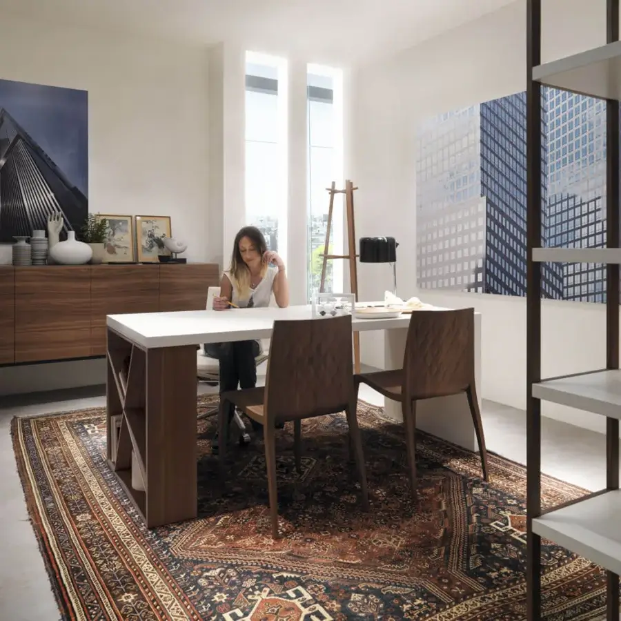 Distinguished Horm J-Table desk with white laminate veneered MDF tabletop and darker wood-look solid wood bookcase legs