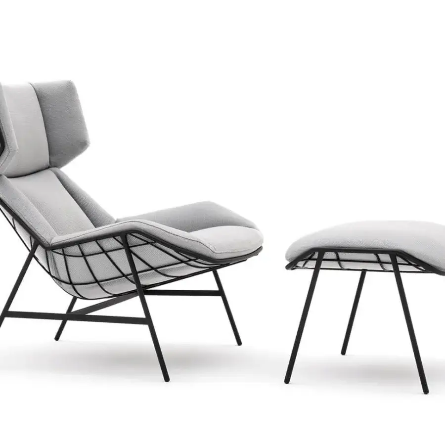 Refined Varaschin Summer Set footrest with light gray textile cushion and matte black powder coated steel frame