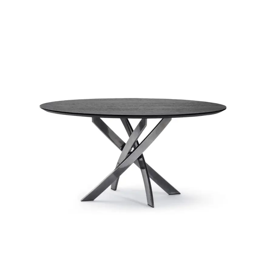 Exceptional Bontempi Barone table with dark-stained wooden top and intricately intersecting metal supports in a reflective finish