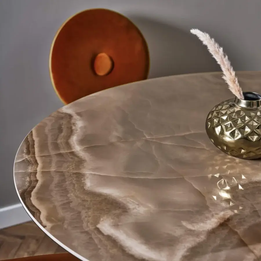 Distinguished Bontempi Barone table with swirling stone tabletop in beige and brown shades and sinuous arched base