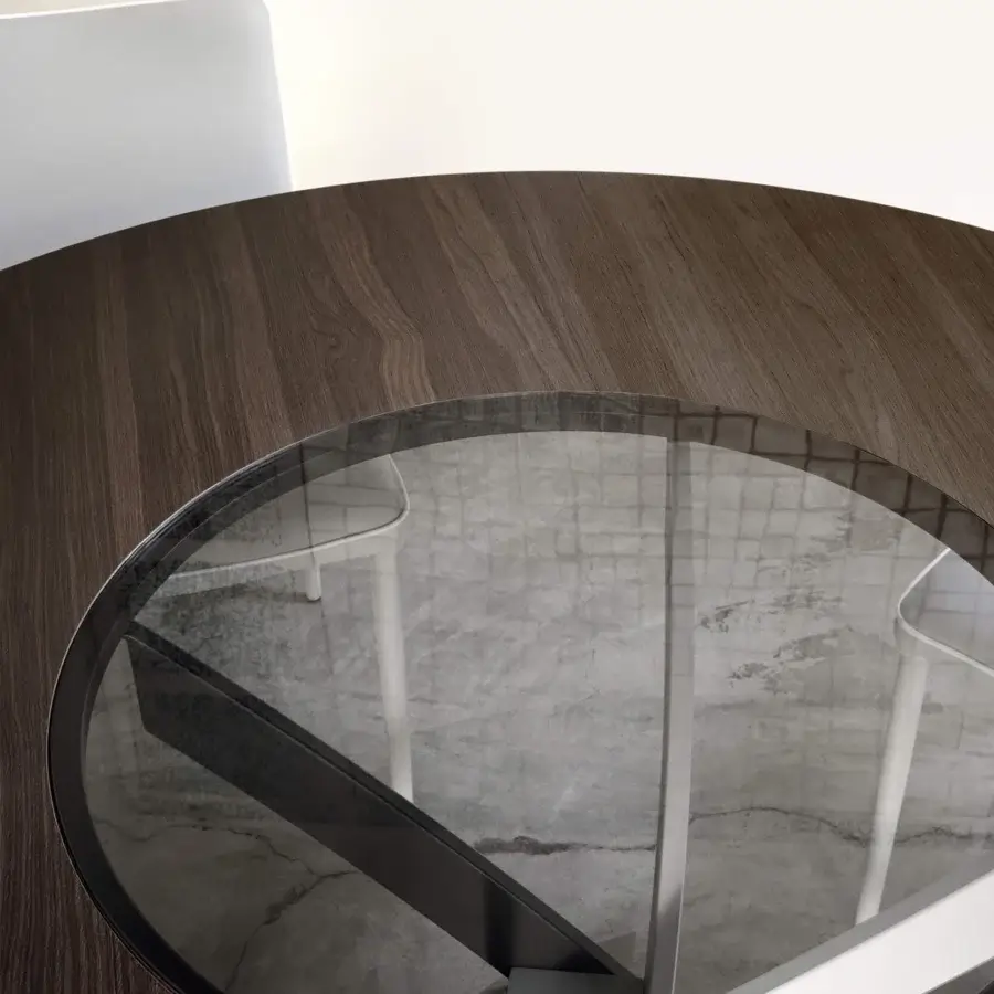 Distinguished Bontempi Barone table with dark brown wooden surface and intricate metal base revealed by a glass insert