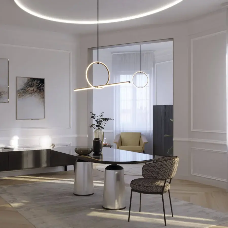 Distinguished Horm Marien table crafted with a glossy dark tabletop and brushed metal cylindrical pedestals in silver tone