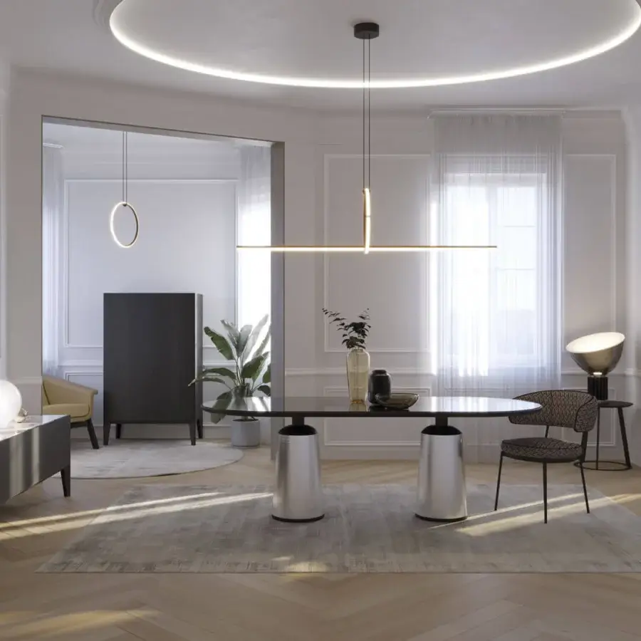 Superior Horm Marien table with oval Fenix tabletop and cylindrical metal bases in satin or brushed finish