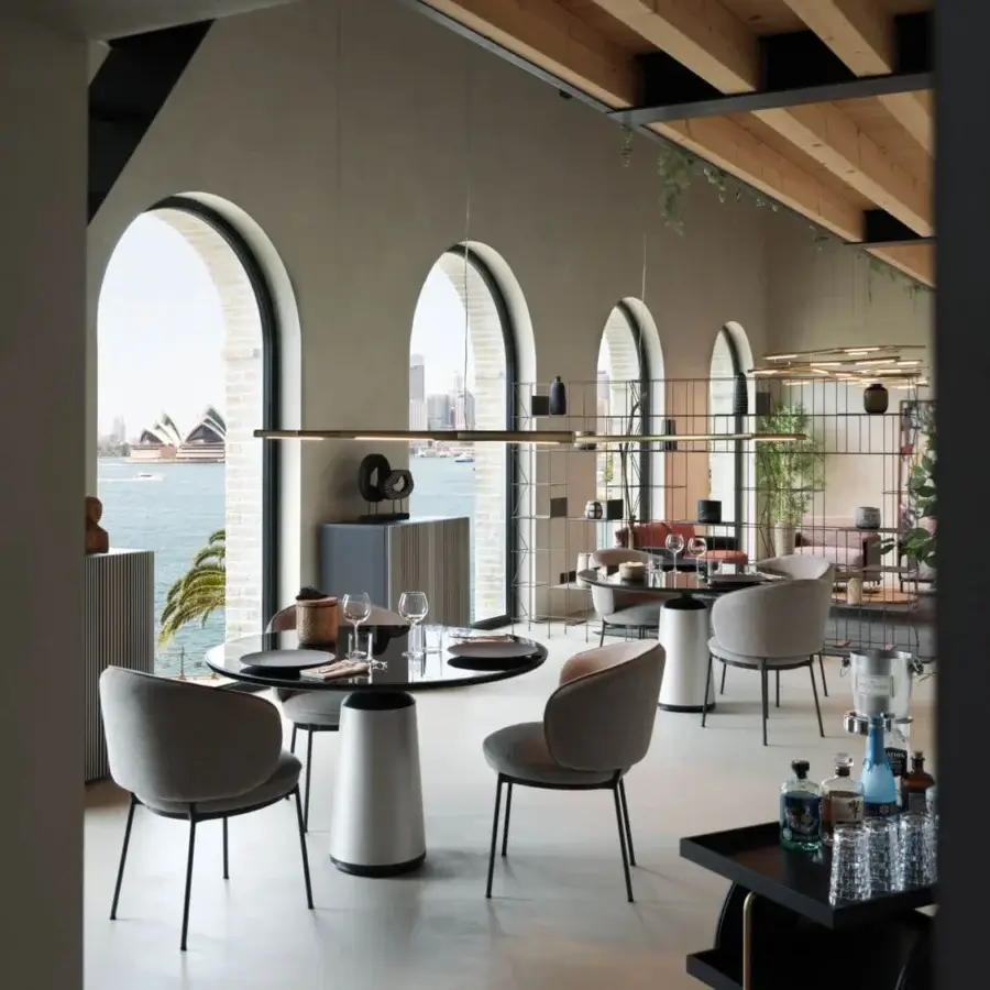 Elegant Horm Marien table with glossy black back-painted glass tabletop and light gray cylindrical base