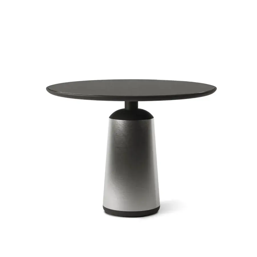 Distinguished Horm Marien table crafted with dark Fenix tabletop and pedestal base exhibiting a gradient to brushed metallic finish