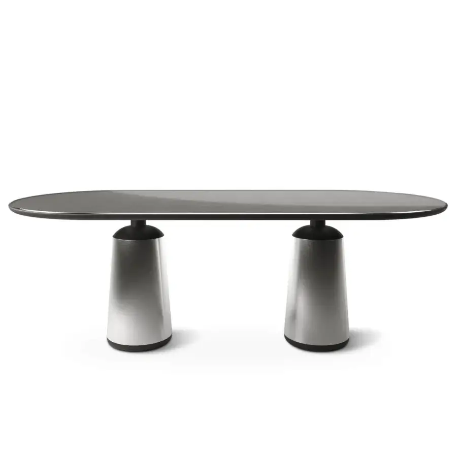 Superior Horm Marien table with dark gray Fenix tabletop and sleek conical metallic base in brushed finish