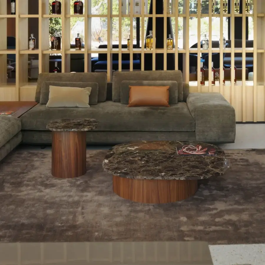 Harmonious Horm Marina coffee table and side table with brown marble top and smooth medium-toned walnut legs