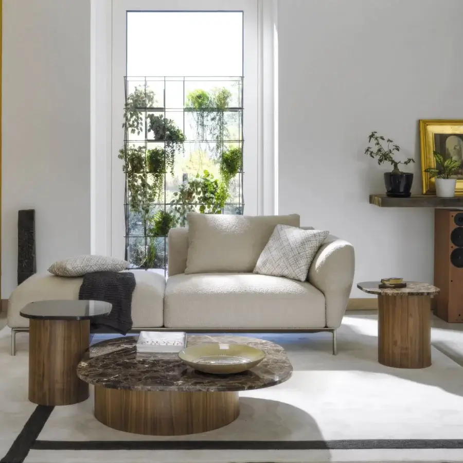 Distinguished Horm Marina coffee table with dark brown marble patterned top and matching wooden base crafted in Italy