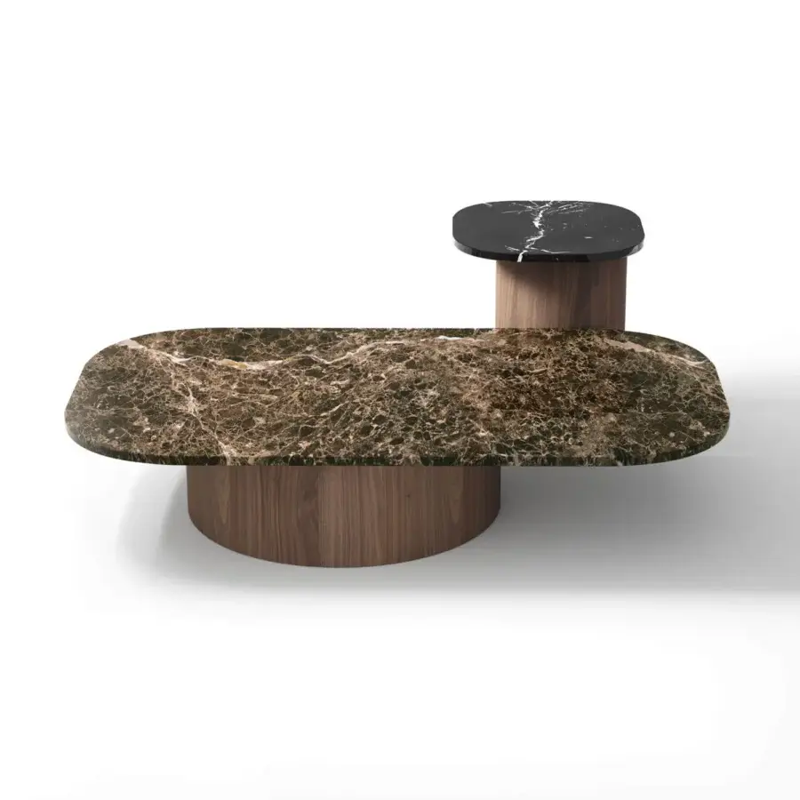 Distinguished Horm Marina coffee table crafted with brown and tan marble plus a cylindrical wood-like base with matte finish