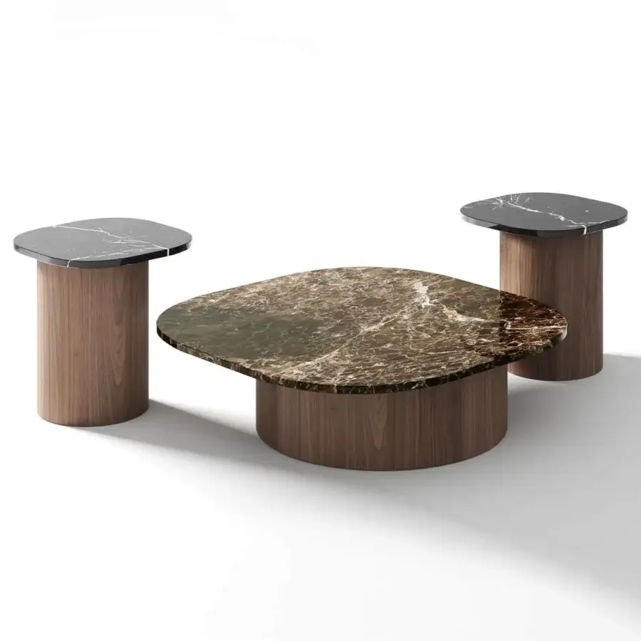 Superior Horm Marina collection coffee table in dark walnut with patterned beige and brown marble plus cylindrical legs
