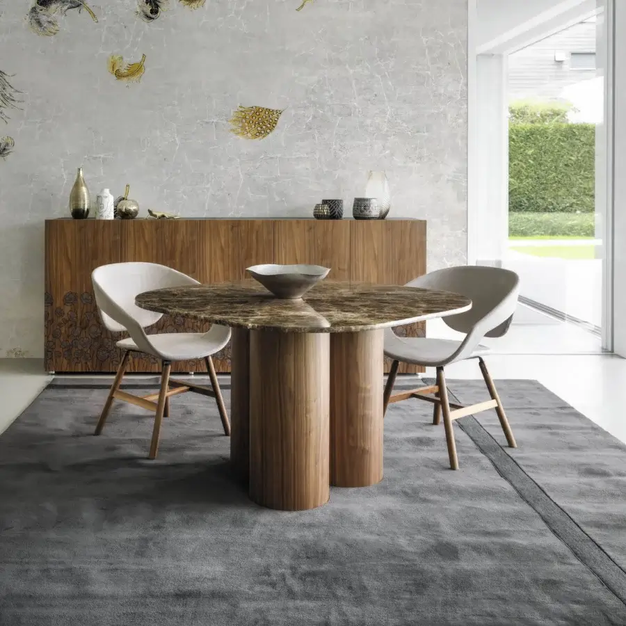 Distinguished Horm Marina table crafted with cylindrical walnut legs and a marbled brown premium marble top with a smooth matte finish