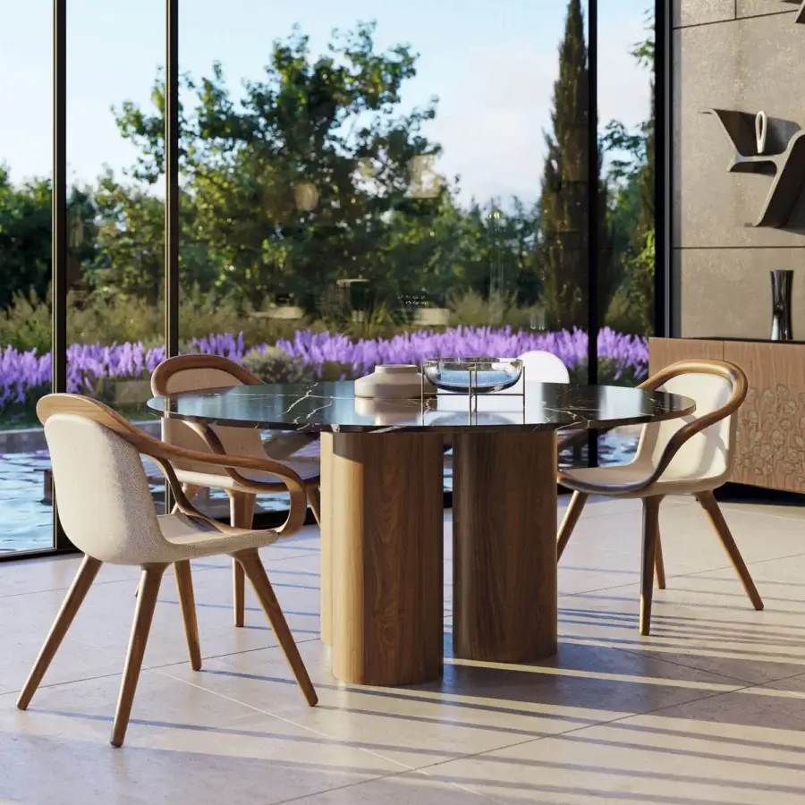 Harmonious Horm Marina table built with a black marble top displaying light veining and cylindrical walnut legs