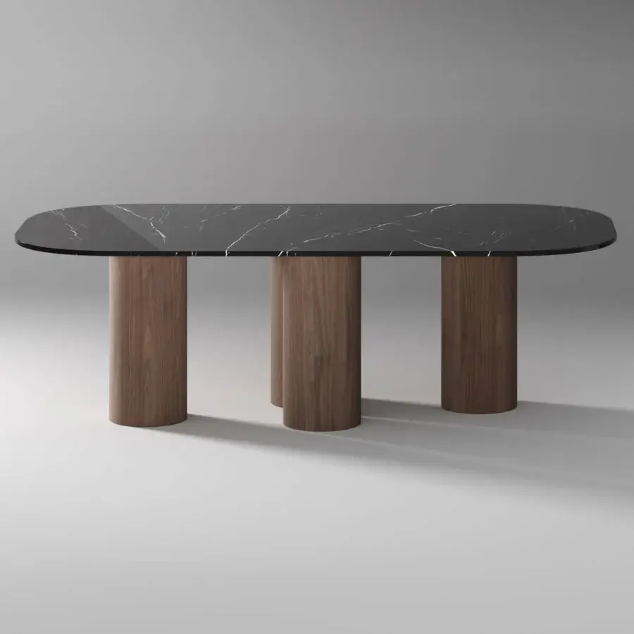 Distinguished Horm Marina table crafted with marble displaying white veining and walnut legs with a matte finish