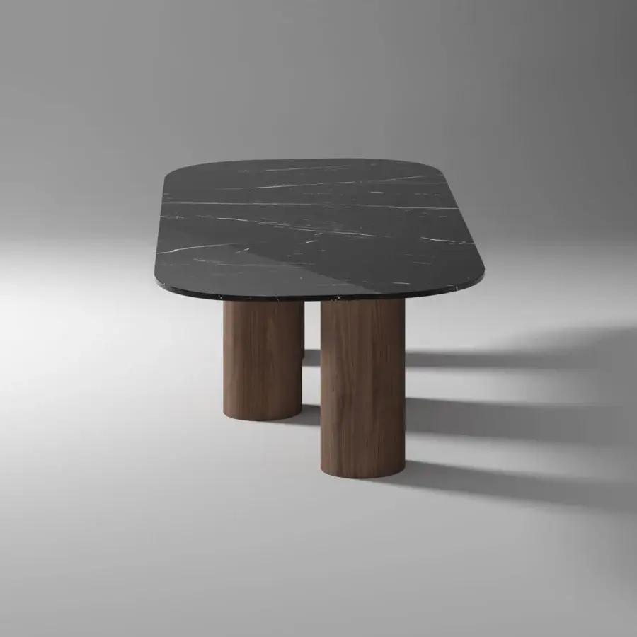 Superior Horm Marina table with a glossy dark marble top displaying white veining and matte cylindrical walnut legs