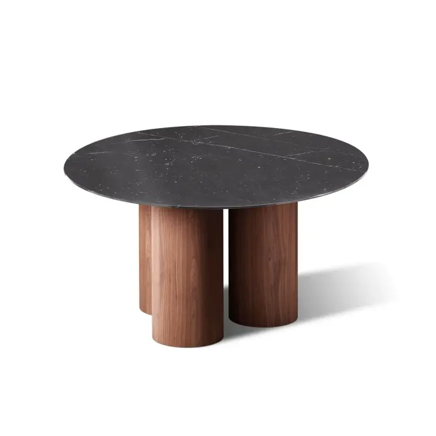 Exceptional Horm Marina table with a dark subtly veined marble top and smooth medium-toned cylindrical walnut legs crafted in Italy