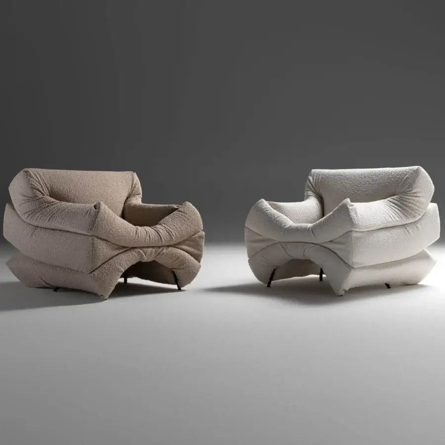 Superior Horm Mass Pressure lounge chair upholstered in light beige boucle fabric with a slender metal structure