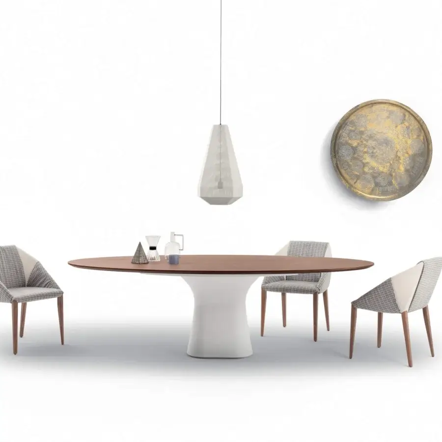Exceptional Bontempi Podium table with sinuous lines and a dark brown wood top built with a white concrete base