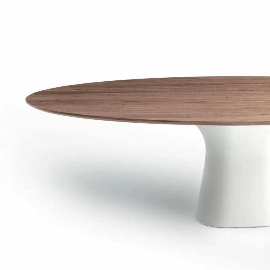 Captivating Bontempi Podium table with sculptural lines, a warm brown wood tabletop and a glossy white pedestal base