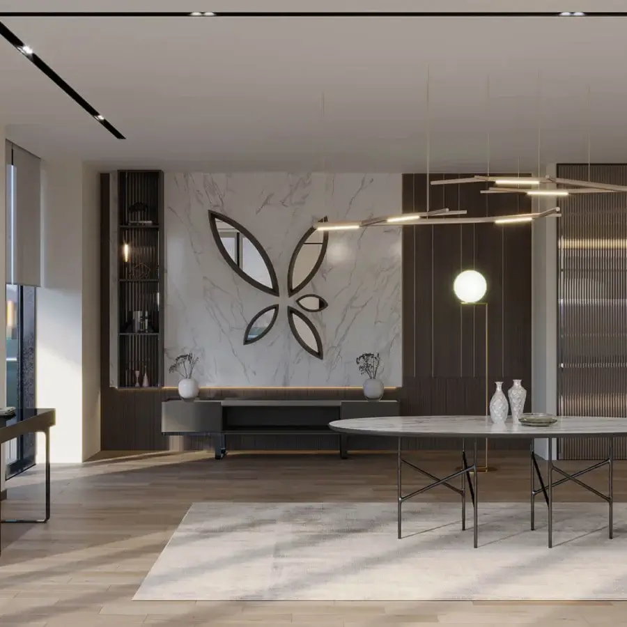 Exceptional Horm Mayor sideboard with lacquered MDF in dark brown and grey tones, supported by metal legs and a marble top