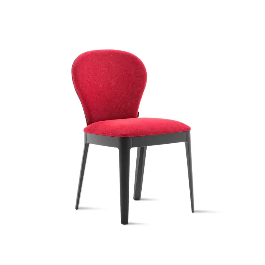 Distinguished Horm Milady chair with soft sinuous lines upholstered in textured red textile and dark-toned matte wood base