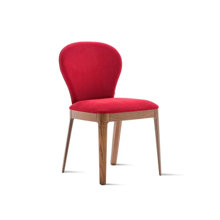 Superior Horm Milady chair with art deco inspired lines upholstered in vibrant red premium fabric and matte wood base