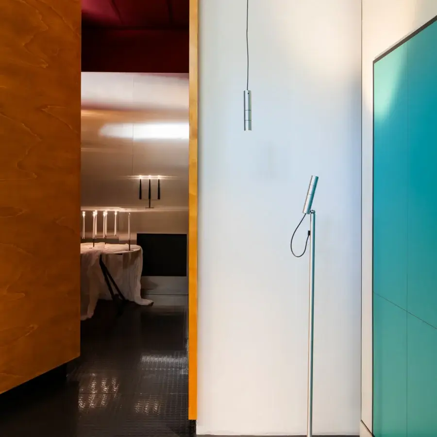 Innovative Nemo Lighting floor lamp with sleek cylindrical form and smooth matte silver finish