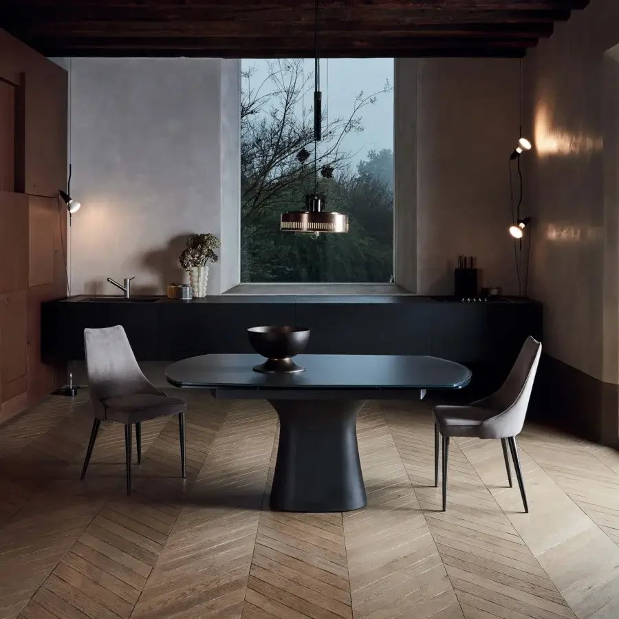 Exceptional Bontempi Podium extendable table with dark-toned smooth tabletop and solid concrete base crafted in Italy