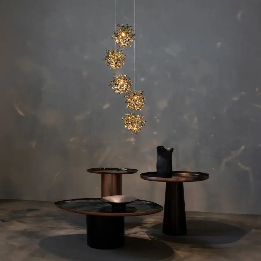 Lavish Terzani Argent Mon Bijou suspension lamp handcrafted in stainless steel with glossy gold-toned reflective elements