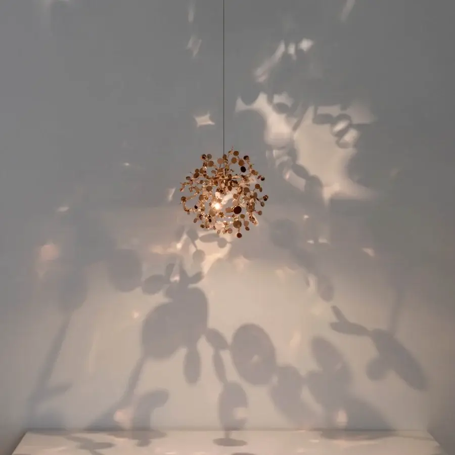 Superior Terzani Argent Mon Bijou suspension lamp handcrafted in stainless steel with reflective copper-toned discs