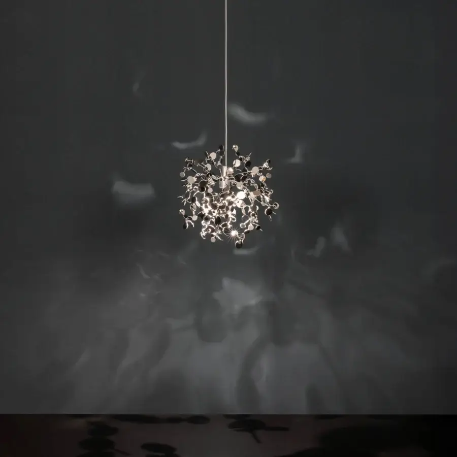 Elegant Terzani Argent Mon Bijou suspension lamp crafted in stainless steel with a reflective silver disc design