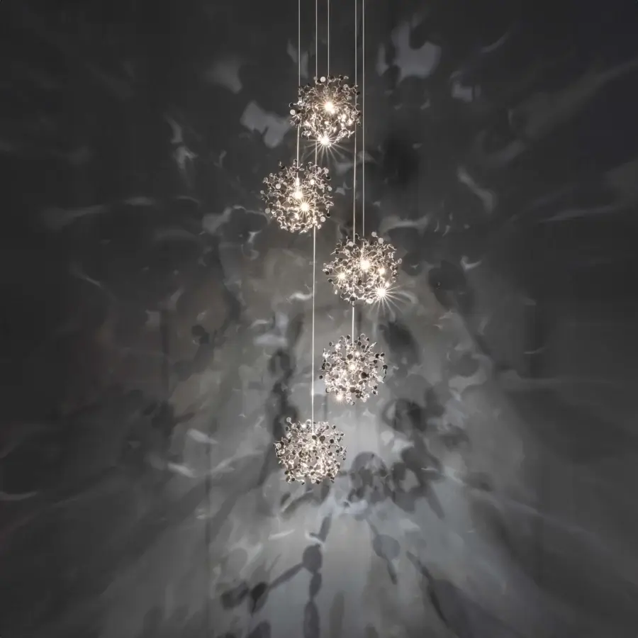 Superior Terzani Argent Mon Bijou suspension lamp crafted in stainless steel with cascading reflective discs