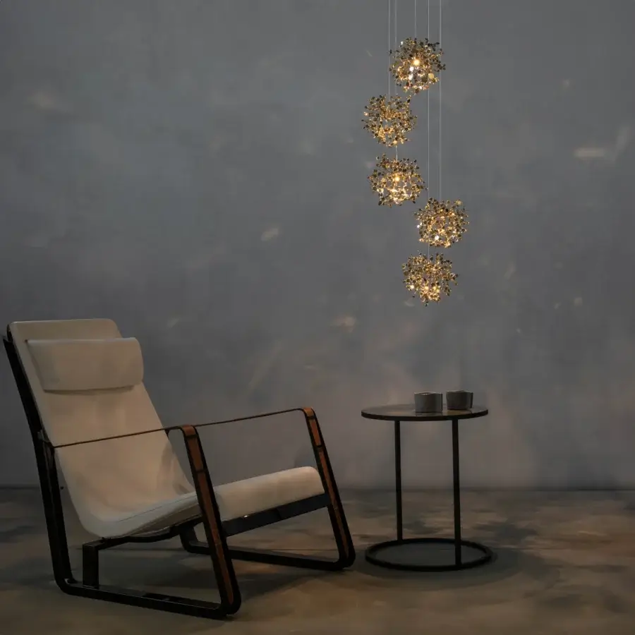 Exceptional Terzani Argent Mon Bijou suspension lamp crafted in stainless steel with gold reflective elements