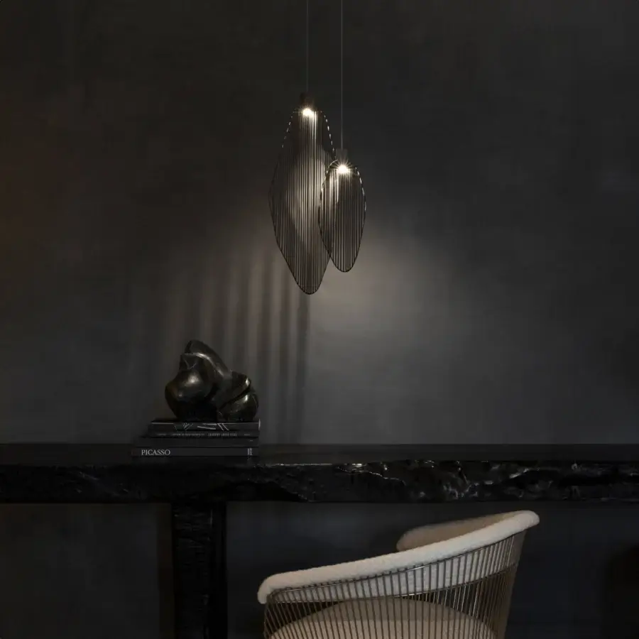 Superior Terzani Harpe suspension lamp crafted in metal with elongated forms and dark finish