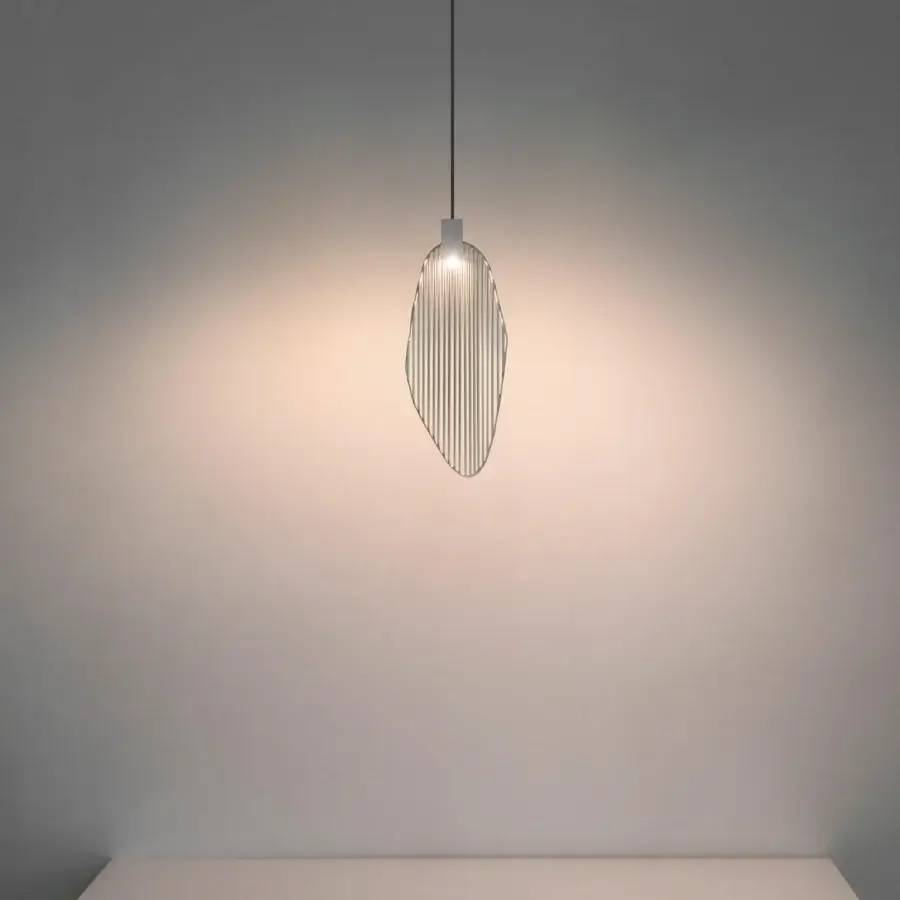 Distinguished Terzani Harpe suspension lamp crafted in light-colored metal with vertical lines and a smooth finish