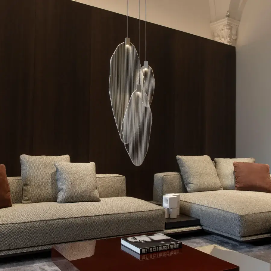 Exclusive Terzani Harpe suspension lamp crafted in metal with elongated forms and silver finish
