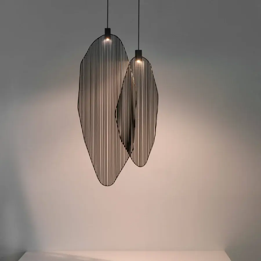 Superior Terzani Harpe suspension lamp crafted in metal with matte black leaf-shaped elements and a rectangular structure